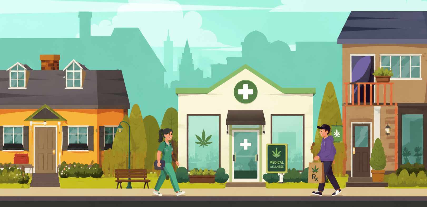 medical-patients-discount Two people walk past a medical marijuana dispensary located between two houses on a suburban street, with trees and city buildings in the background.